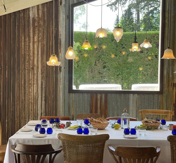 Foto de la sala de catas en la que se ve la mesa puesta, con los vasos oficiales para Cata de Aceite, las tulipas que iluminan la mesa y la ventana con vista a los jardines